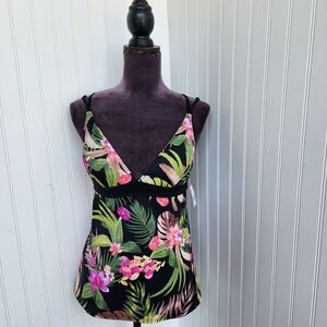 NWT $42 US Urban Sea Strappy Back Tankini Top Black Pink Floral Tropical Sz S